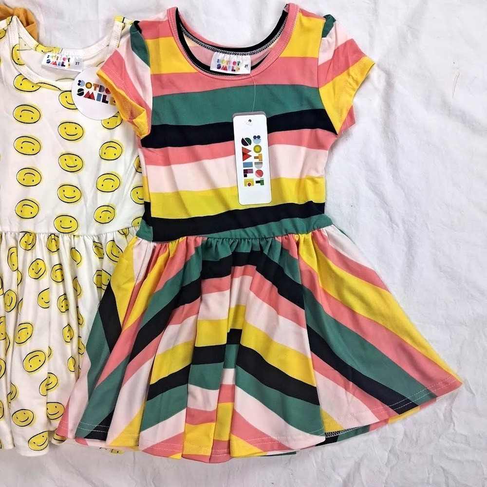 Dot Smile Girl 2T Dress Lot Cap Sleeve Retro Smiley Face Colorblock Summer 3pc - Picture 3 of 6